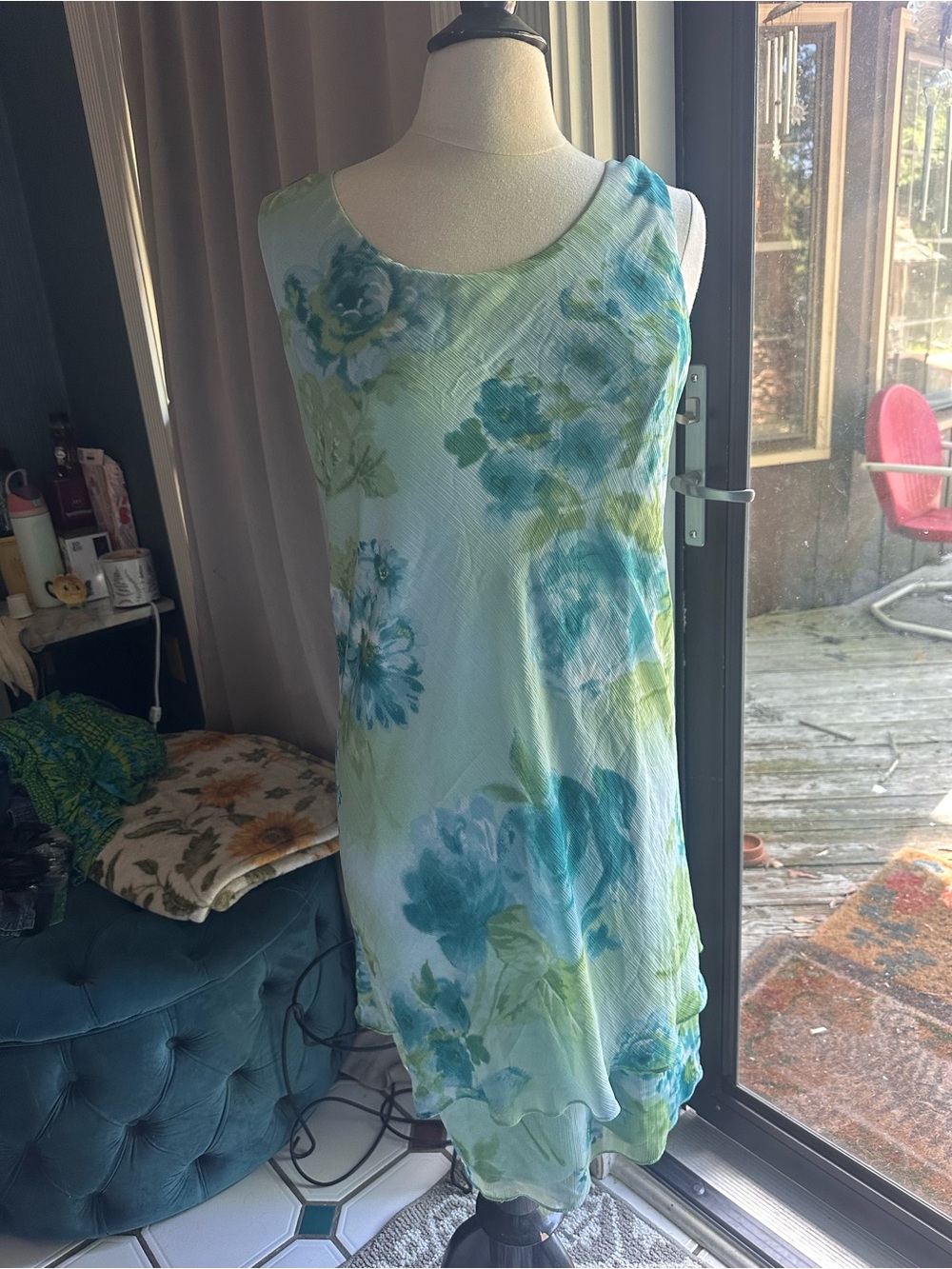 90’s style Sleeveless Floral Midi Dress in Aqua and Green